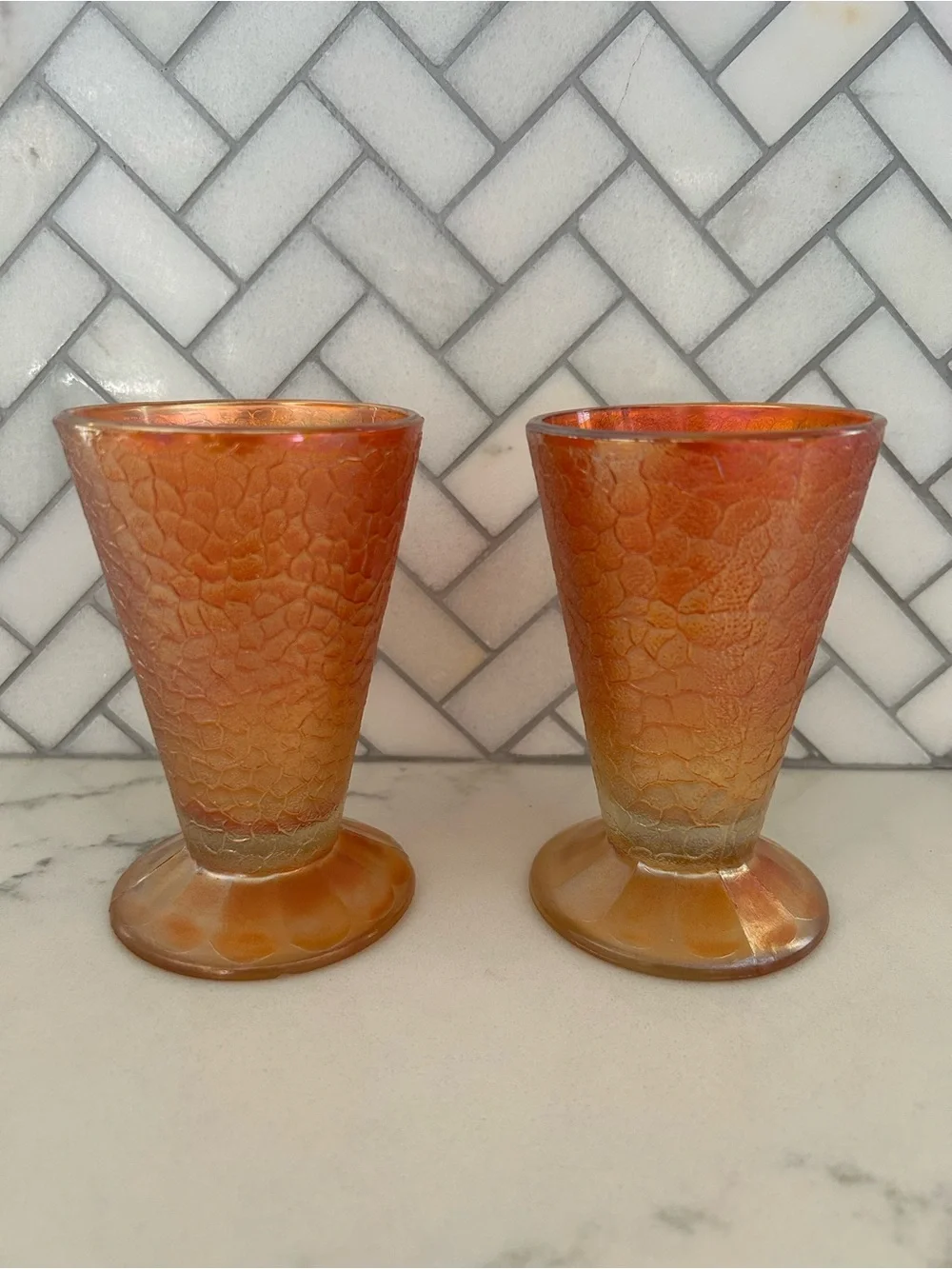 Jeannette Glass, Marigold Crackle Carnival Glass Footed Tumbler - Set of 2
